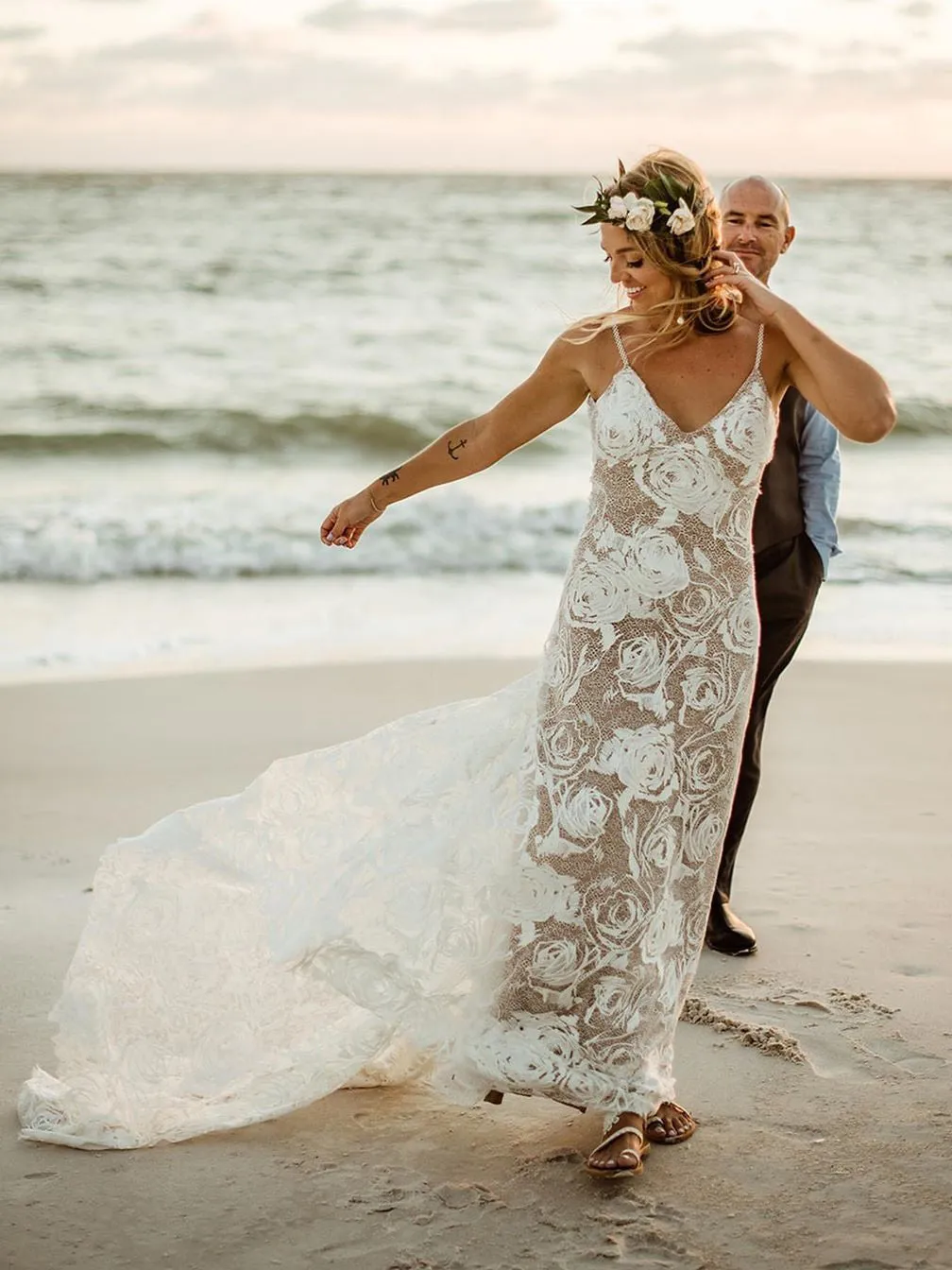 A-Line Lace Backless V-Neck Spaghetti Straps Wedding Dress WD475