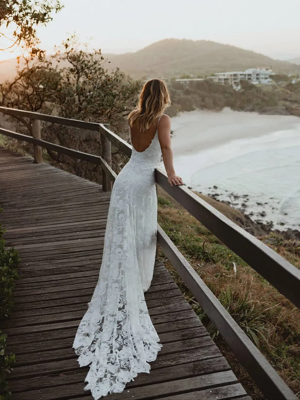 A-Line Lace Backless V-Neck Spaghetti Straps Wedding Dress WD475