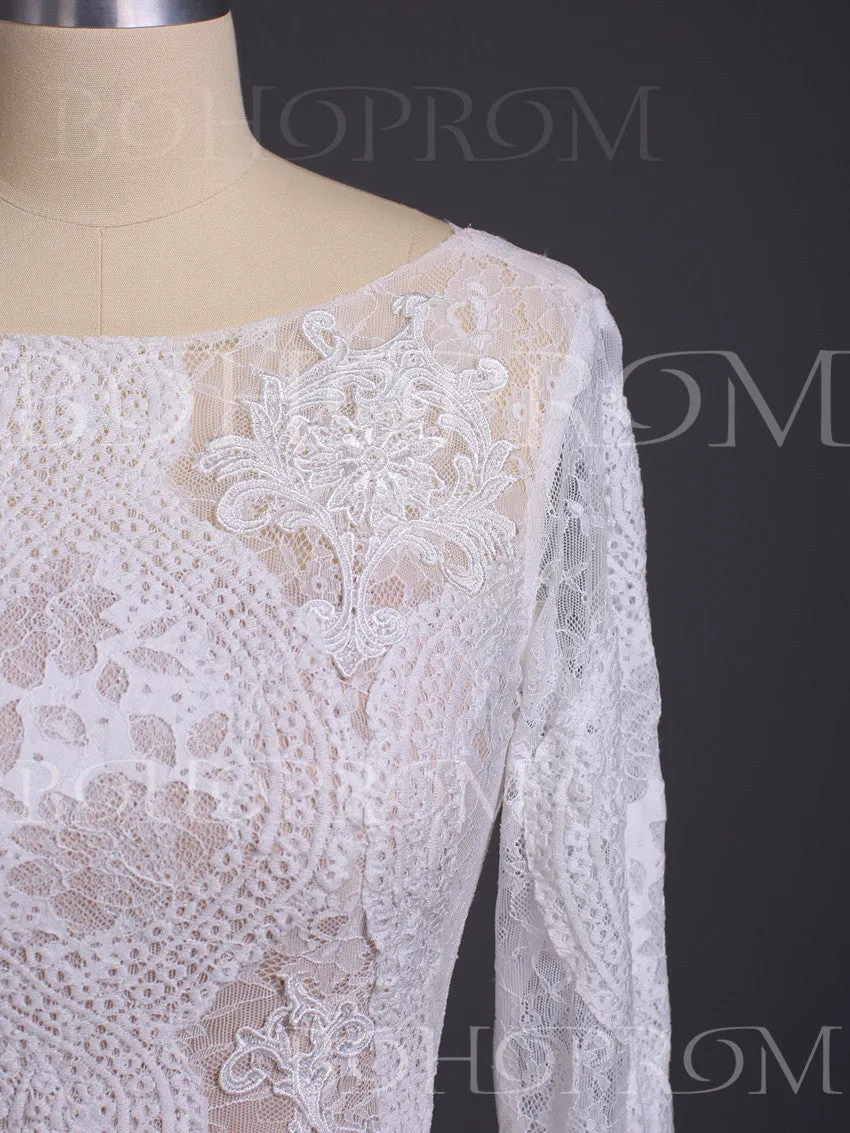 Alluring Lace Bateau Long Sleeves Chapel Train Sheath Wedding Dresses WD218