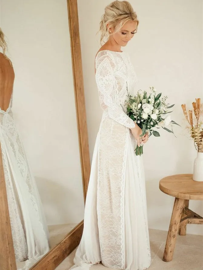 Alluring Lace Bateau Long Sleeves Chapel Train Sheath Wedding Dresses WD218