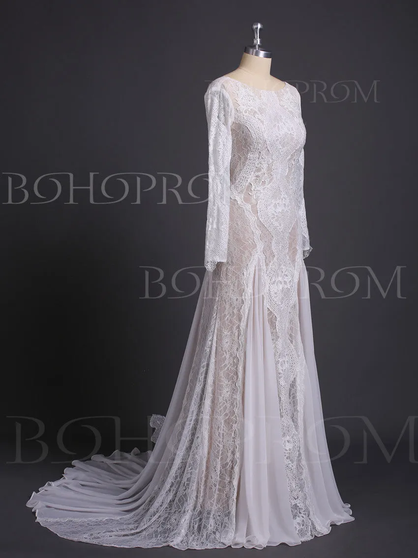 Alluring Lace Bateau Long Sleeves Chapel Train Sheath Wedding Dresses WD218