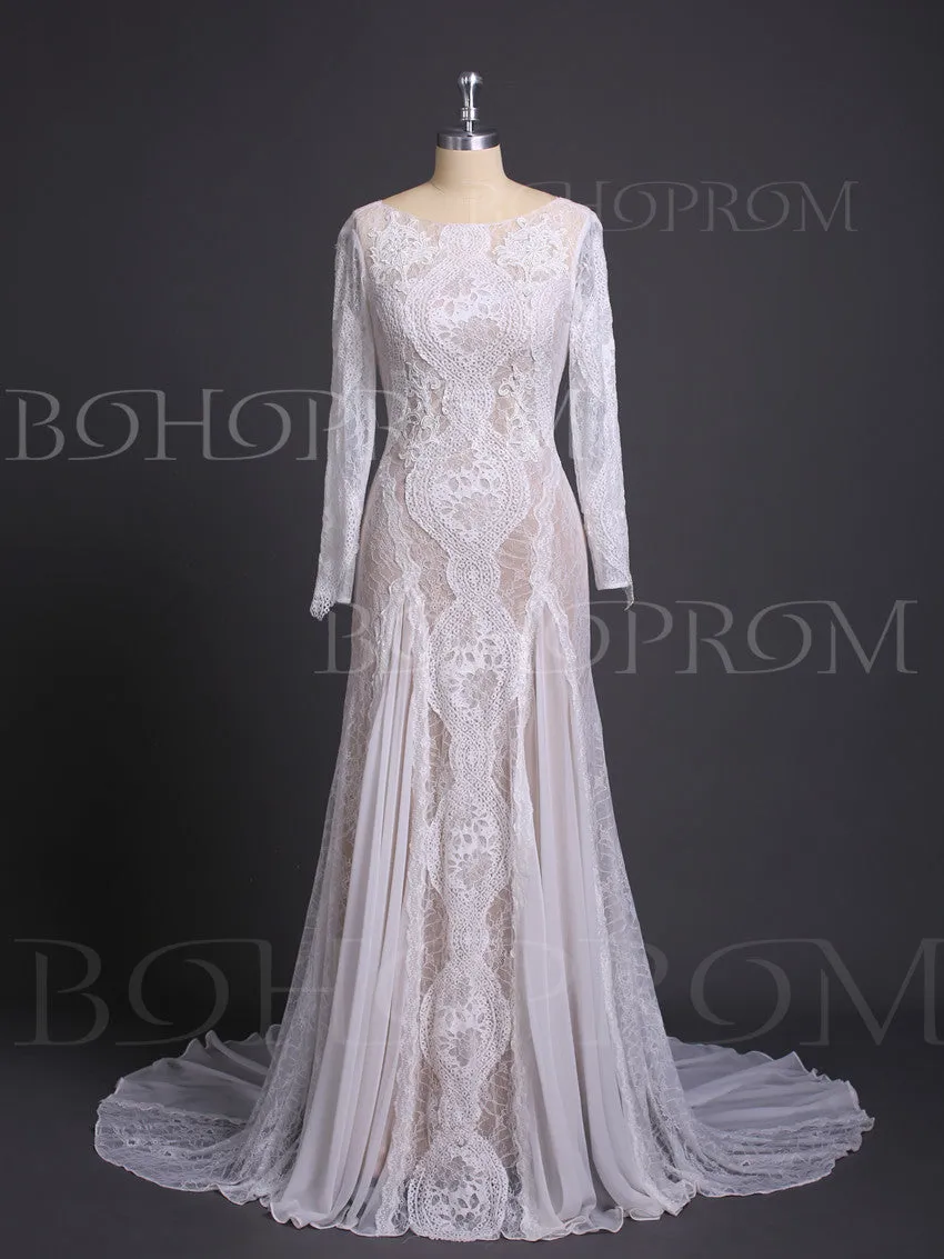 Alluring Lace Bateau Long Sleeves Chapel Train Sheath Wedding Dresses WD218