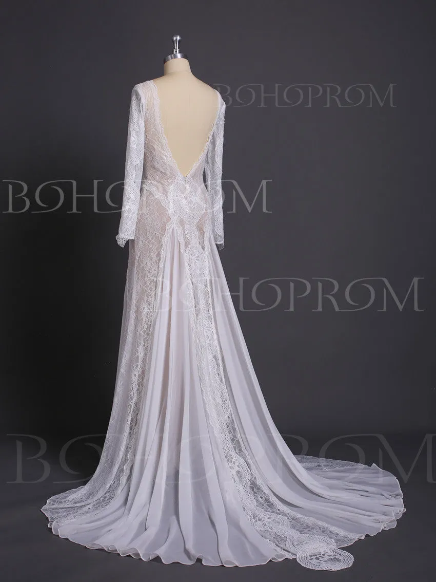 Alluring Lace Bateau Long Sleeves Chapel Train Sheath Wedding Dresses WD218