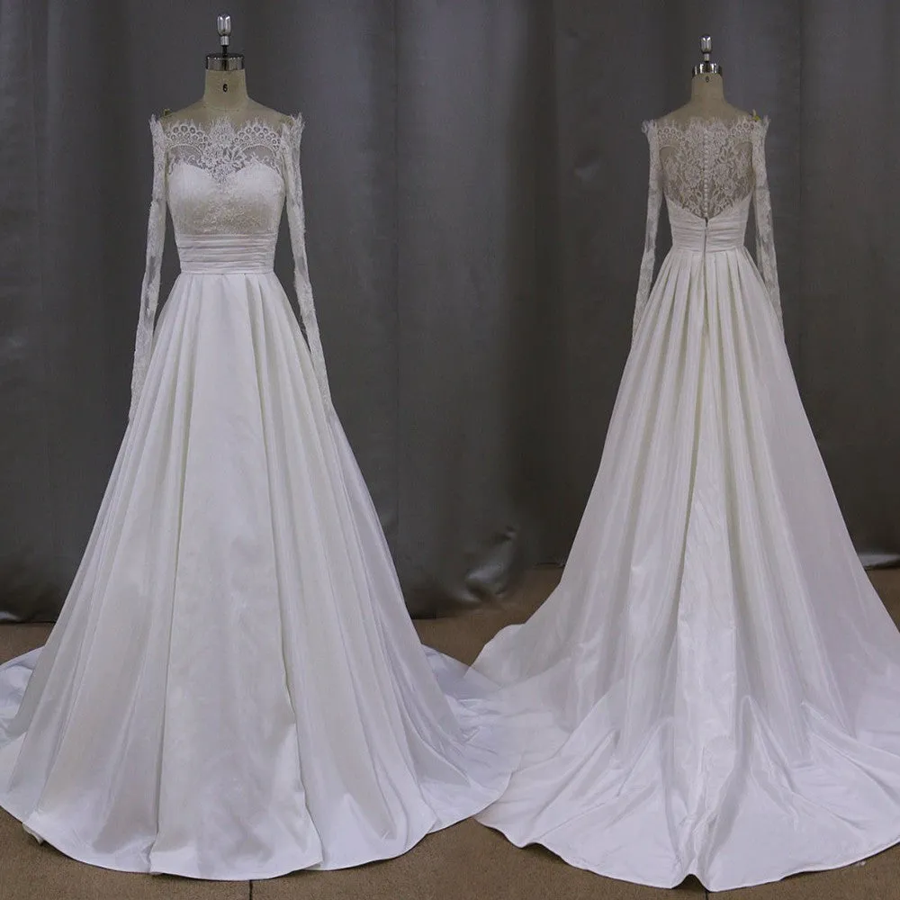 Elegant Long A-line Train Sash Sweetheart Off Shoulder Long Sleeve Lace Satin Wedding Dress, AB1093