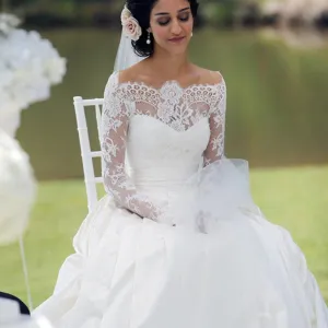 Elegant Long A-line Train Sash Sweetheart Off Shoulder Long Sleeve Lace Satin Wedding Dress, AB1093