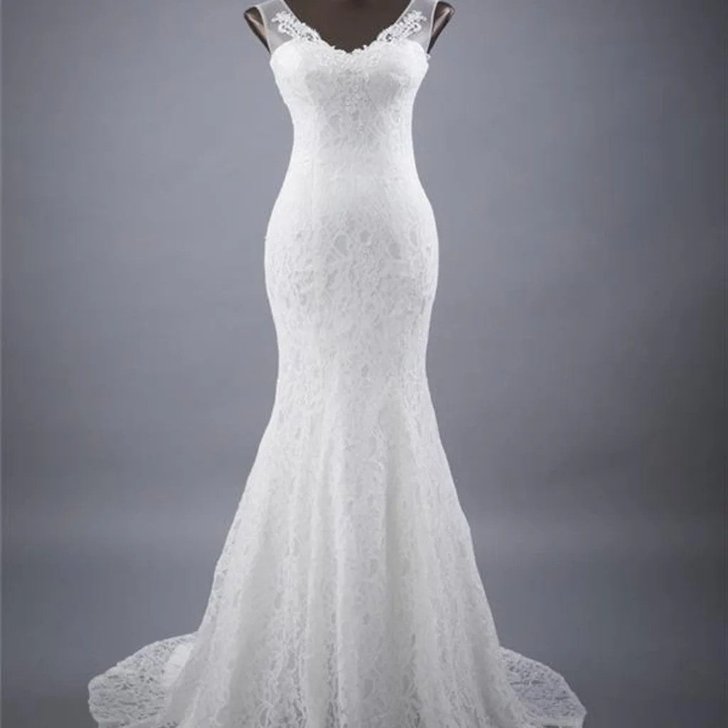 Elegant V-neck Lace Up Back Sleeveless Lace Mermaid Sweep Trailing Wedding Party Dresses, WD0030