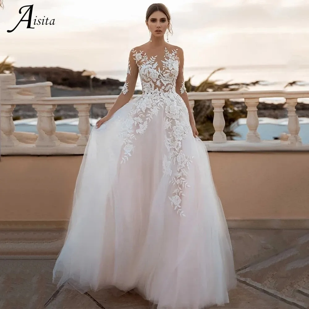 Floral Appliques Wedding Dresses Three Quarter Scoop Neck Backless A-Line Court Train Tulle Bridal Gowns Vestido De Novia