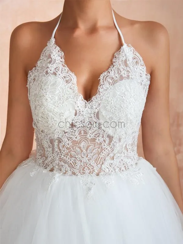 Sexy Halter Backless Lace Top A-line Tulle Wedding Dresses, YKX086